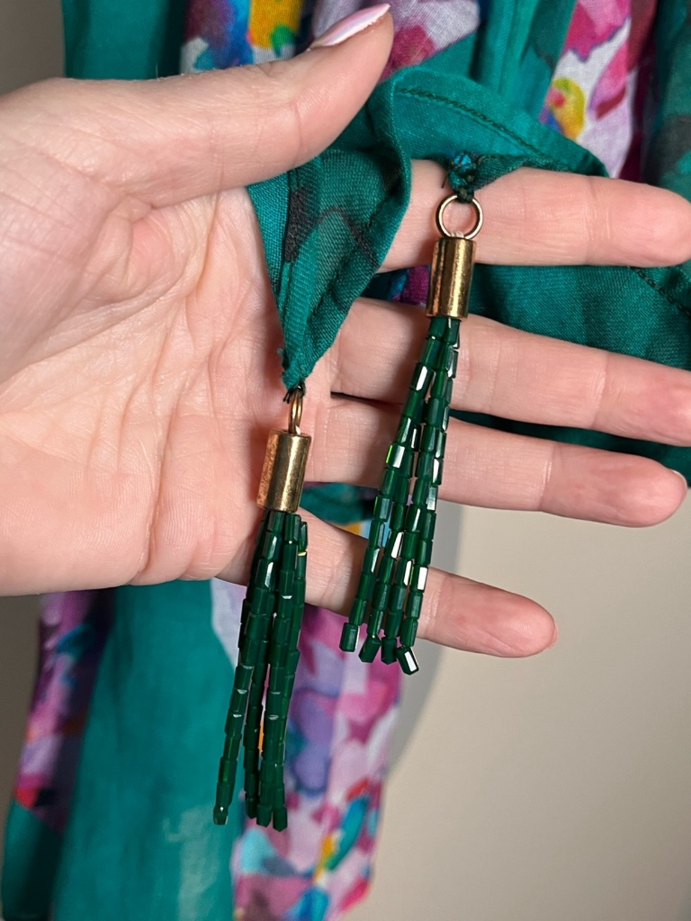 SOFT SURROUNDINGS Floral Print Beaded Tassel Scarf Wrap One Size 100% Cotton - Picture 5 of 7
